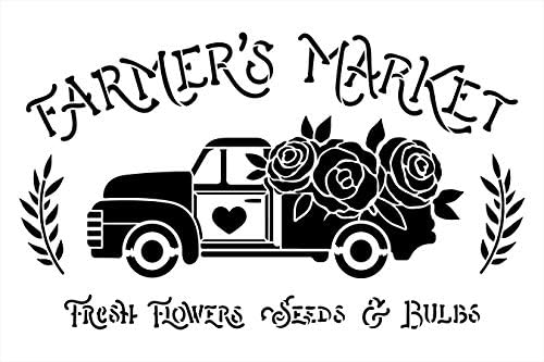 סטנסיל שוק של חקלאים עם משאית וינטג 'ורדים מאת Studior12 | DIY אביב הבית עיצוב | סימני עץ מלאכה וצבע | בחר